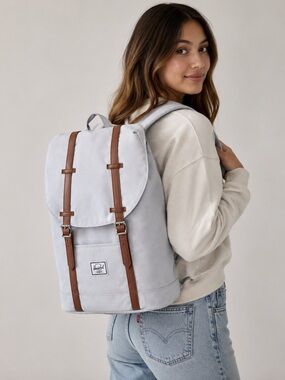 Herschel Retreat Backpack 23L Light Grey Tan Leather Straps Laptop School Travel